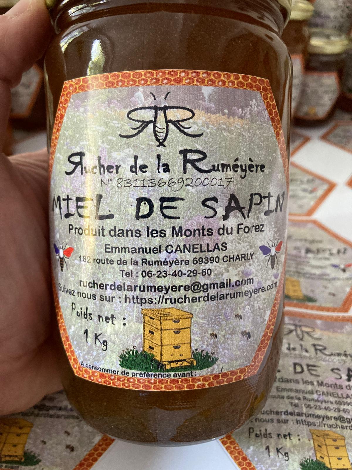 Pot de 1 kg de miel de sapin du Rucher de la Ruméyère